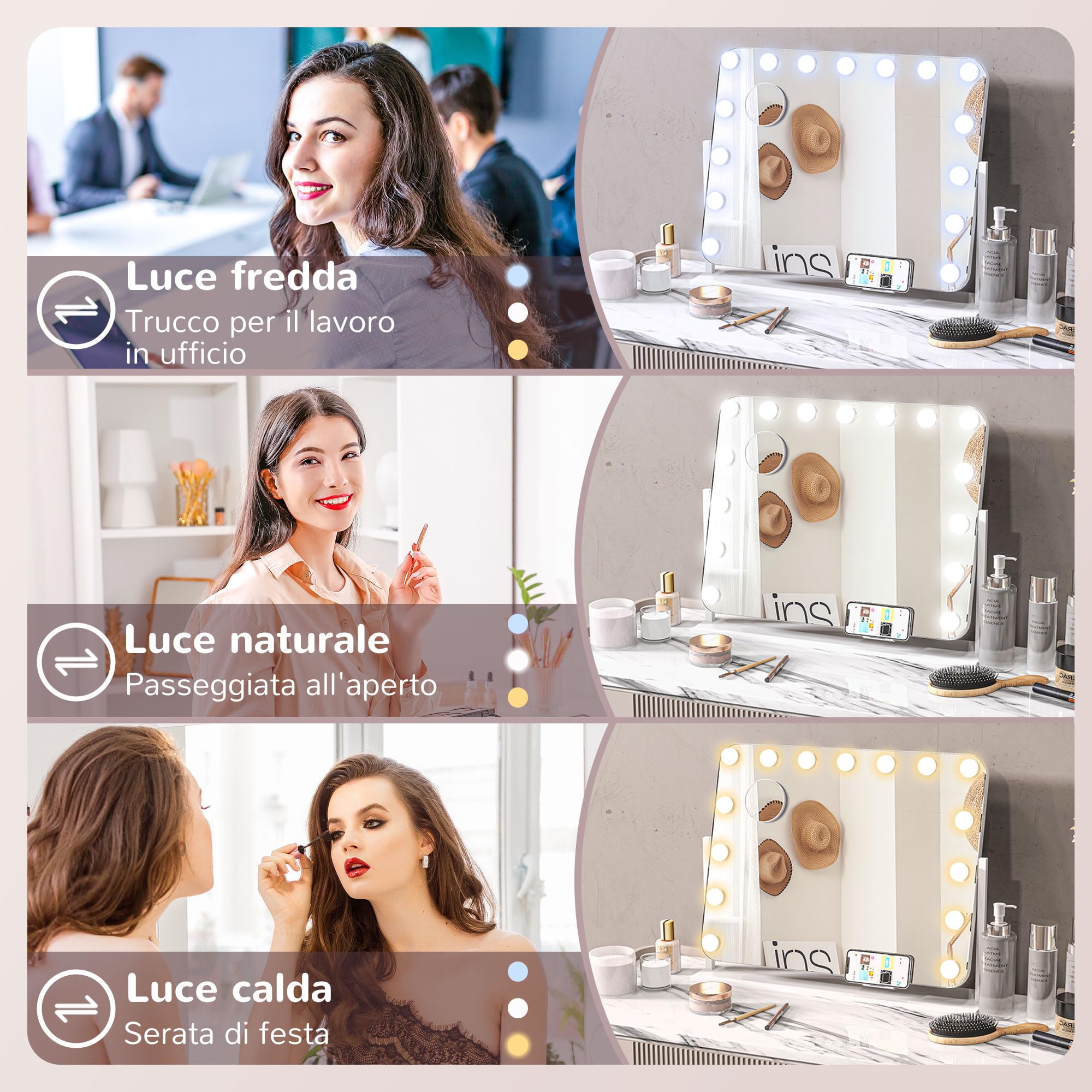 HOMCOM Specchio Trucco con Luci 15 LED 58x46cm Luminosità Regolabile | Ricarica USB, Hollywood 3 Colori Luce, Schermo Touch, Supporto Telefono, Ingrandimento 10X, Rotazione a 360°