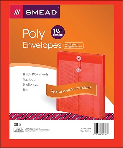 Miniatura 5 de Smead Sobre de polietileno, expansión de 1.5 in, cierre de cuerda, carga superior, tamaño carta, rojo, 5 por paquete (89547) (paquete de 2)