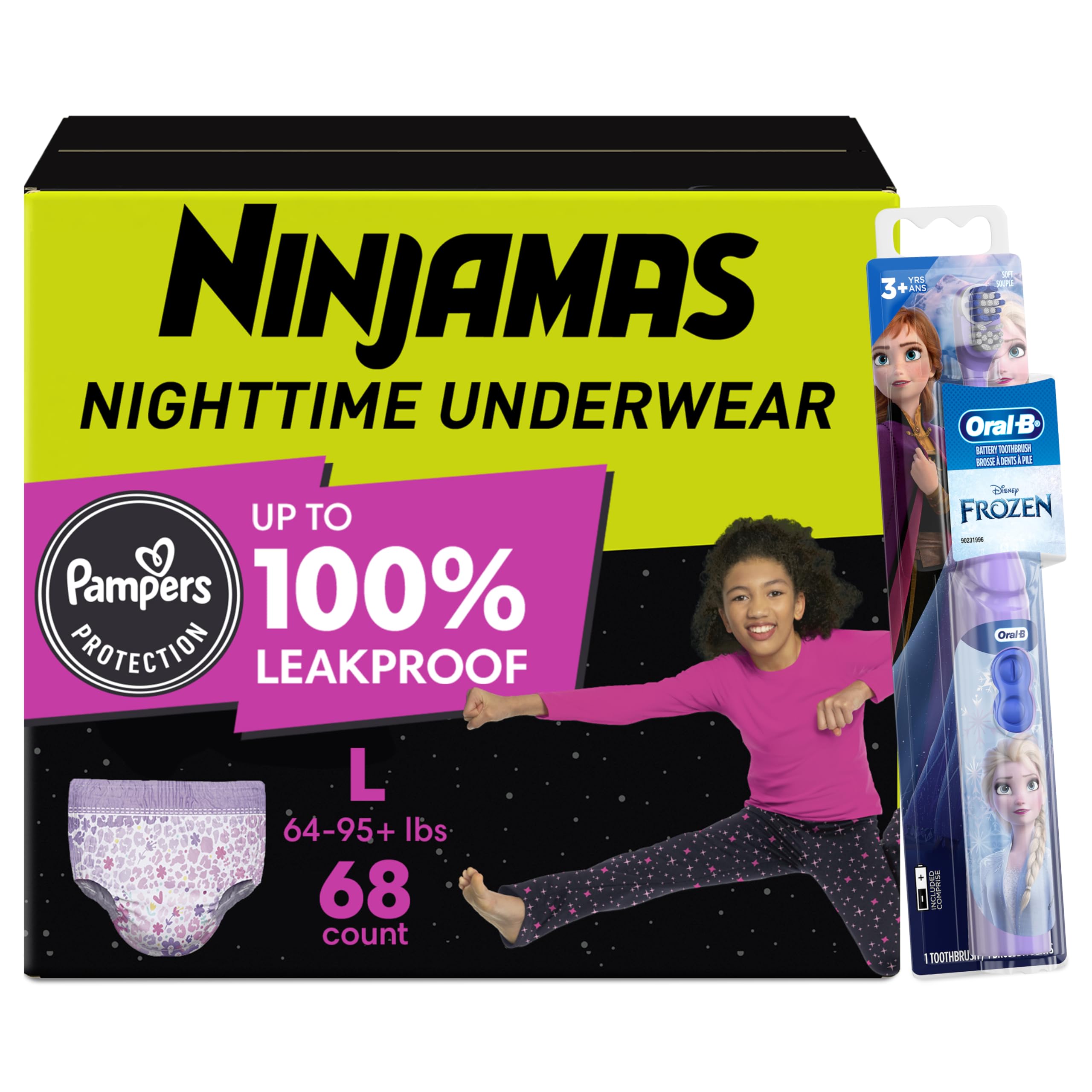 Pampers Ninjamas + Oral-B Toothbrush, Nighttime Training Pants Girls, 68 Count Size L &amp; Oral-B Power Kid's Toothbrush Disney's Frozen