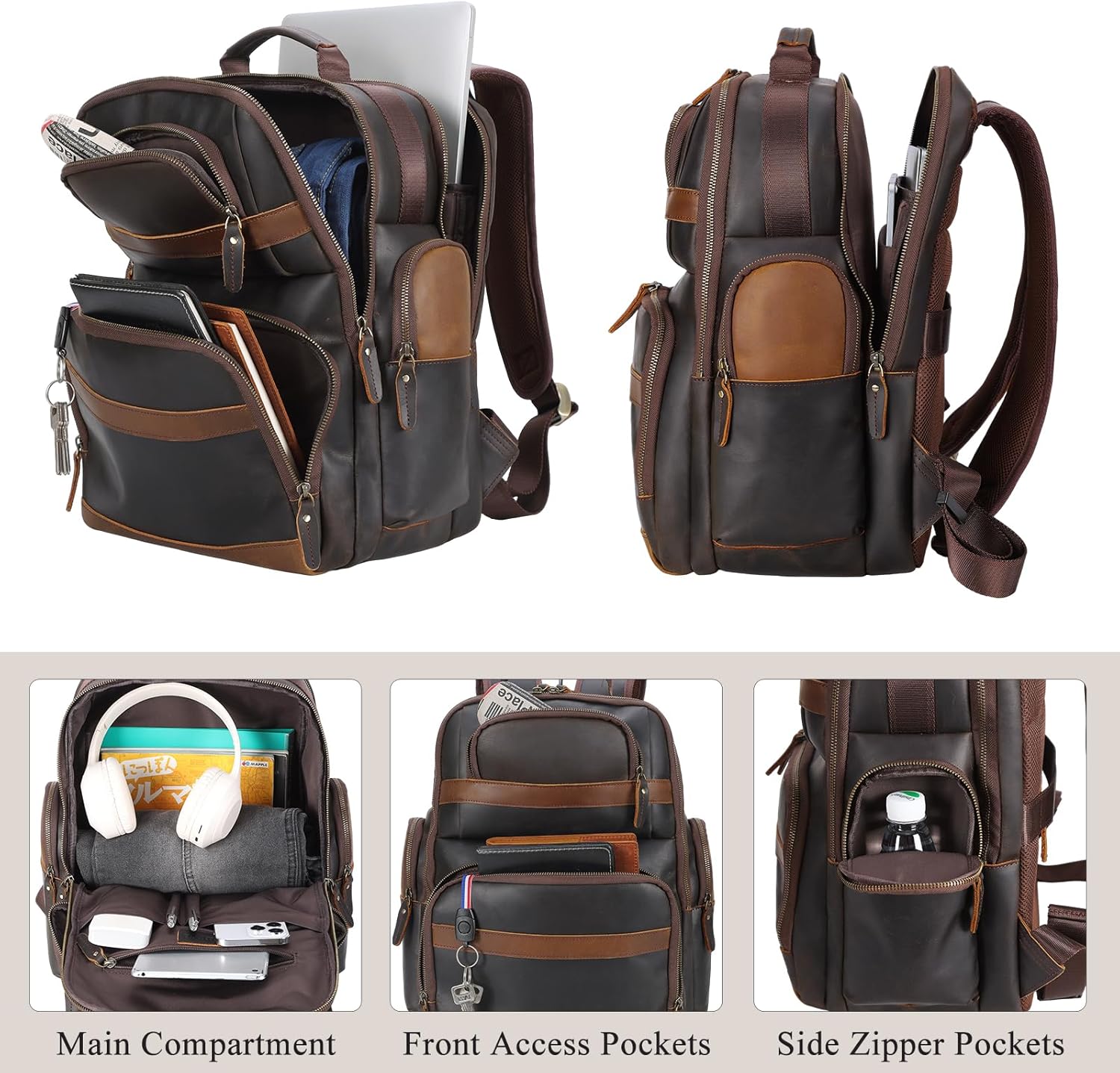 TIDING Men's Vintage Leather Backpack 15.6" Laptop Bag Large Capacity Business Travel Hiking Shoulder Daypacks - Image 4