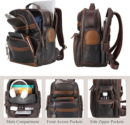 Miniatura 4 de TIDING Mochila de cuero vintage para hombre de 15.6 pulgadas, bolsa para laptop de gran capacidad, viajes de negocios, senderismo, mochilas de hombro