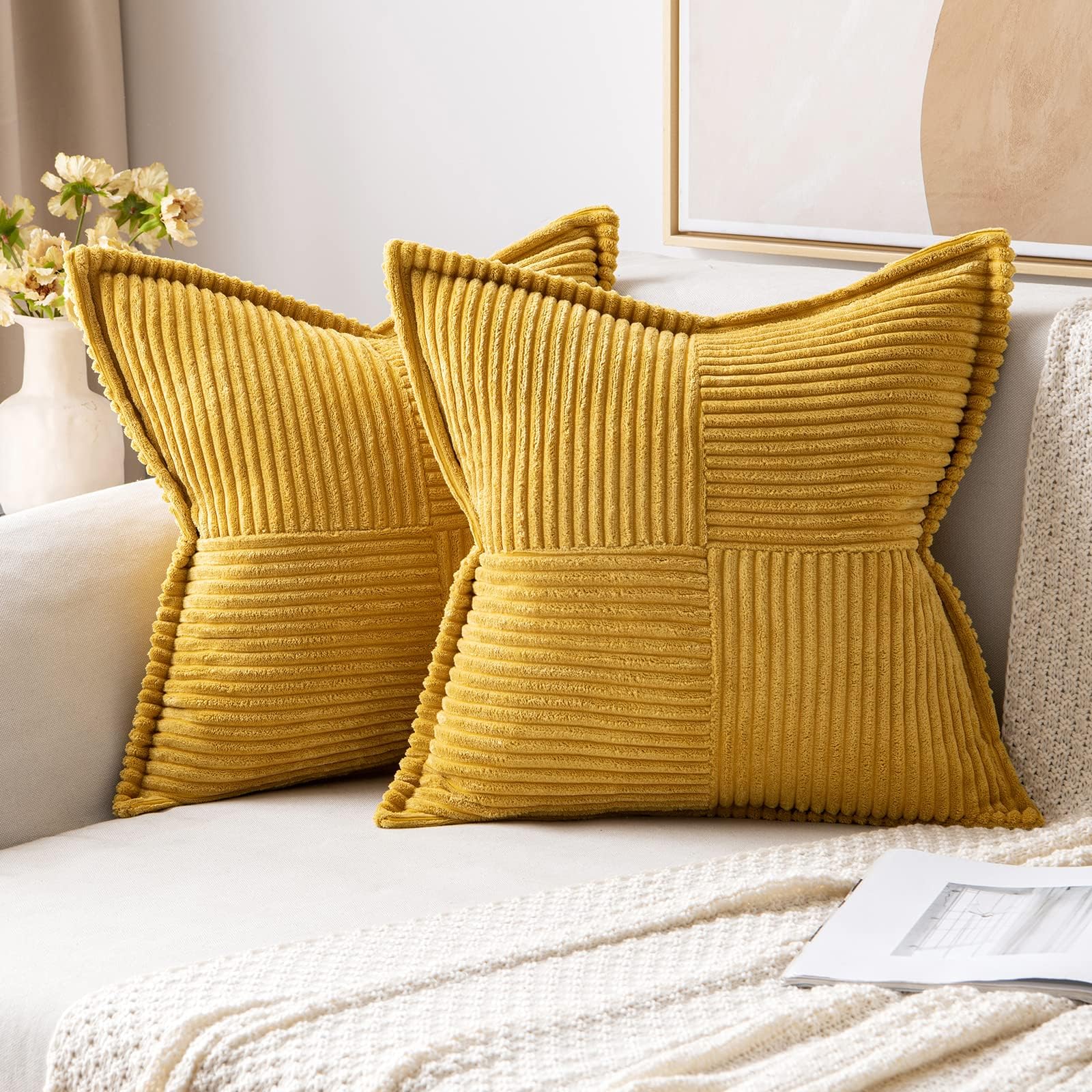 MIULEE Corduroy Cushion Covers Pack of 2 Decorative Modern Patchwork Throw Pillow Covers Soft Pillowcase Cushions for Home Spring decor Sofa Couch with Invisible Zipper 16x16 Inch Turmeric