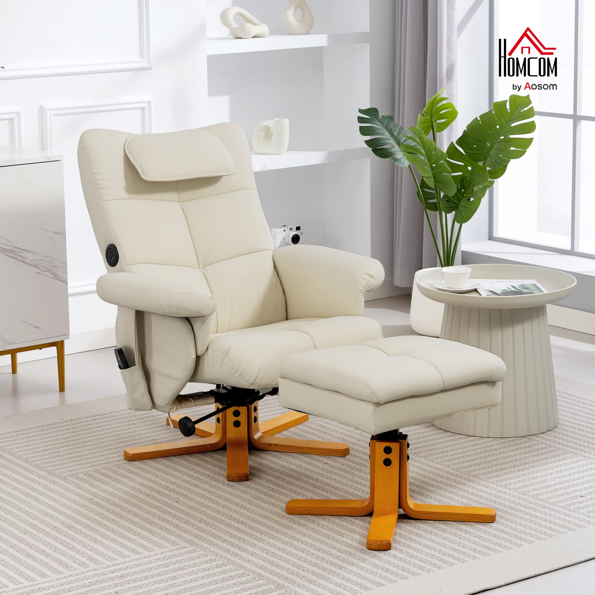 HOMCOM Fauteuil massant avec Repose-Pied Fauteuil Relax Salon - Dossier inclinable jusqu'à 135°, Coffre de Rangement, appuie-tête et télécommande - revêtement synthétique crème