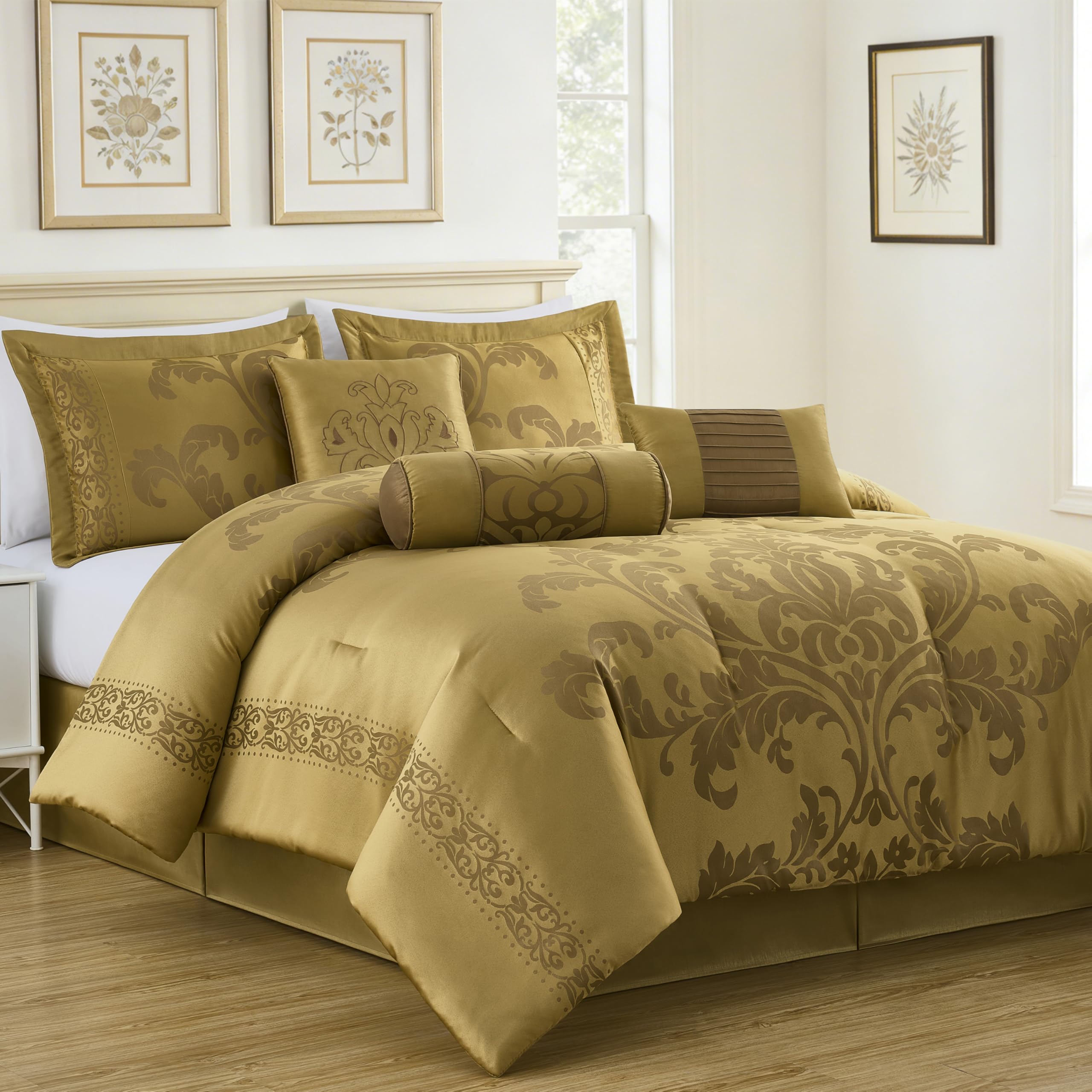 Chezmoi Collection 7-Piece Jacquard Floral Comforter Set (Queen, Gold) โ image 1