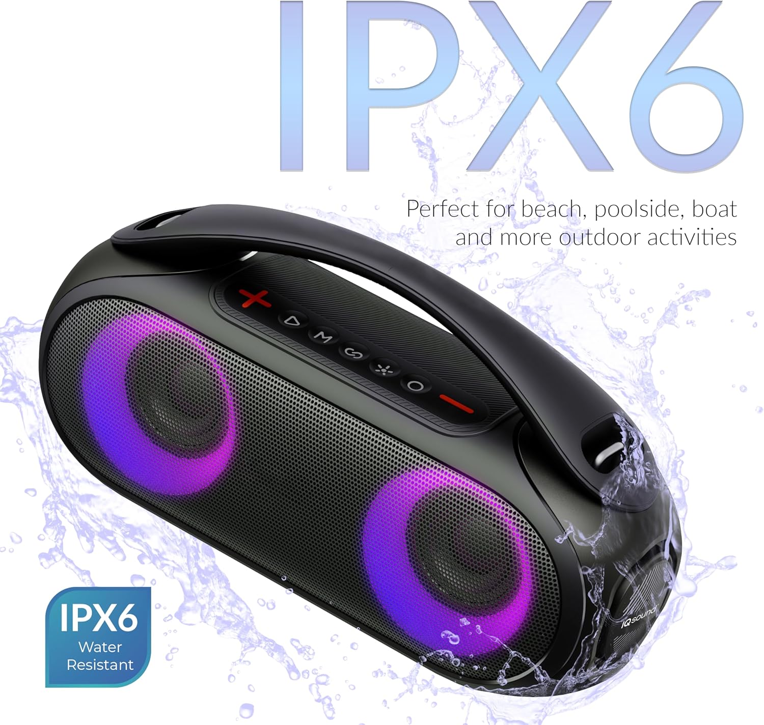 IQ Sound IQ-3530RGB speaker with water splashing around it, indicating IPX6 water resistance