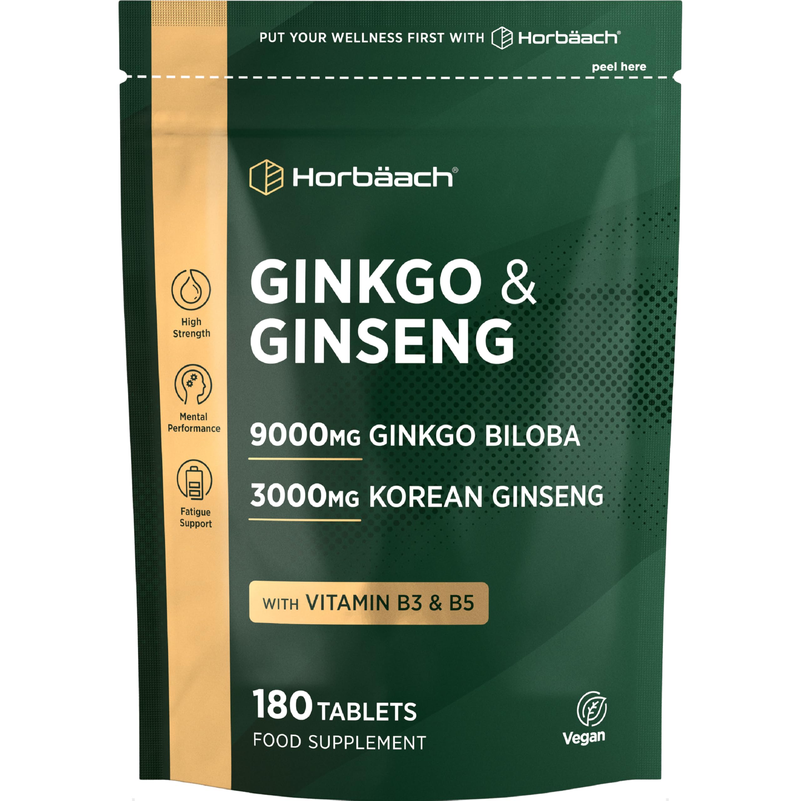 Ginkgo Biloba e Ginseng Integratore | Ginkgo 9000 mg e Radice di Ginseng Coreano 3000 mg | 180 compresse vegane | di Horbaach
