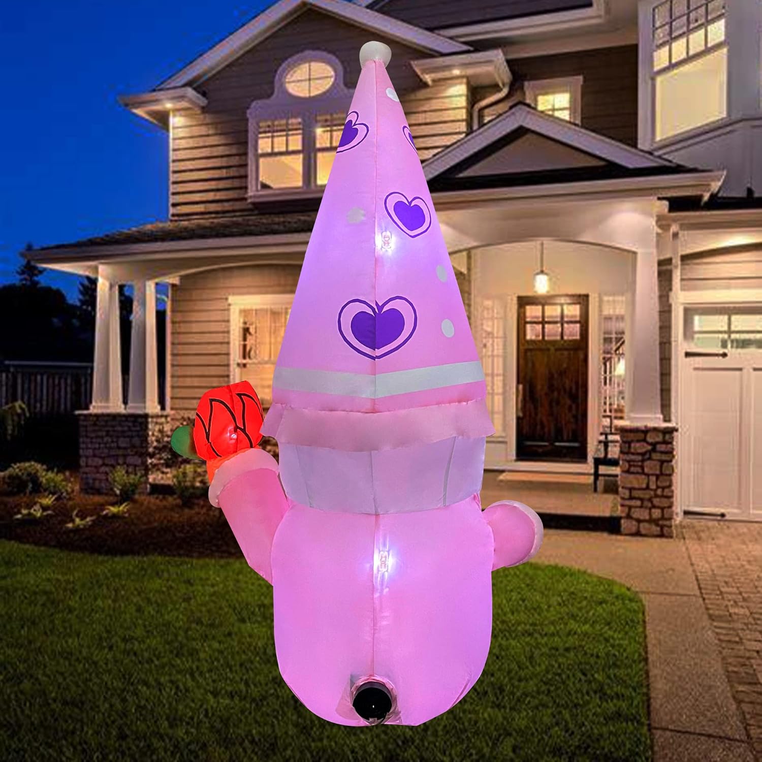 JOYEASE 4 Ft Valentine's Day Inflatable Pink Gnome with Rose Light Up Decoration Blow Up for Birthday Wedding Anniversary Party Decor : Patio, Lawn & Garden
