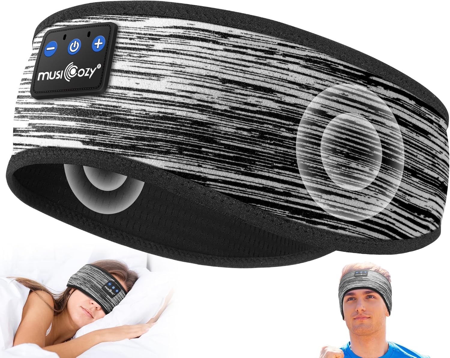 MUSICOZY Sleep Headphones Bluetooth 5.4 Headband, Wireless Earphones Music Sleep Earbuds Sleeping Eye Mask with HD Stereo Speakers for Workout Running Travel Yoga, Ideal Gifts (Stripped Gray)