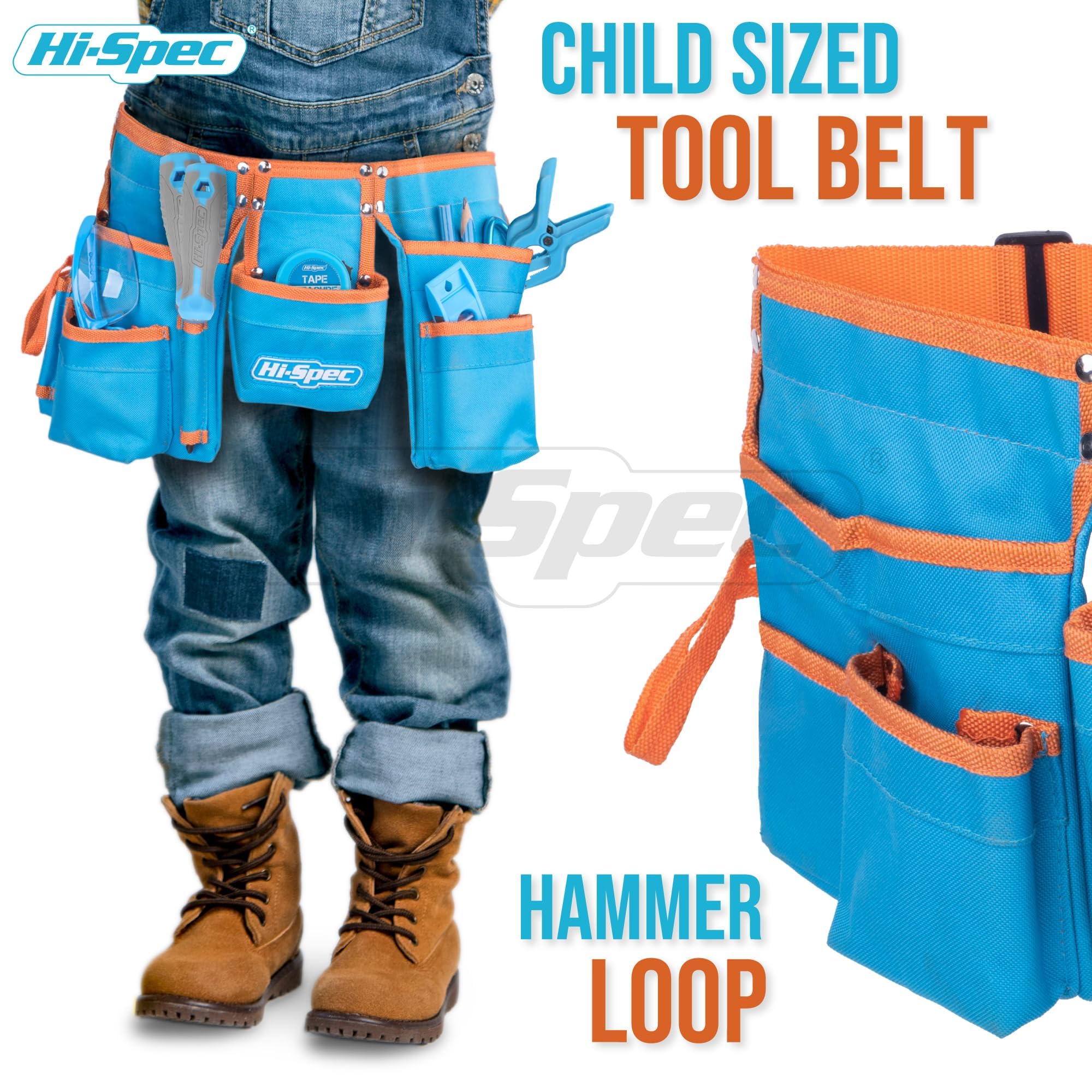 Hi-Spec Ceinture à Outils Enfant avec Kit de 16 Pièces - Gants, Lunettes de Sécurité & Vrais Outils pour Bricolage et Établi - Ceinture Porte-Outils Ajustable, Pratique et Sûre pour Enfants