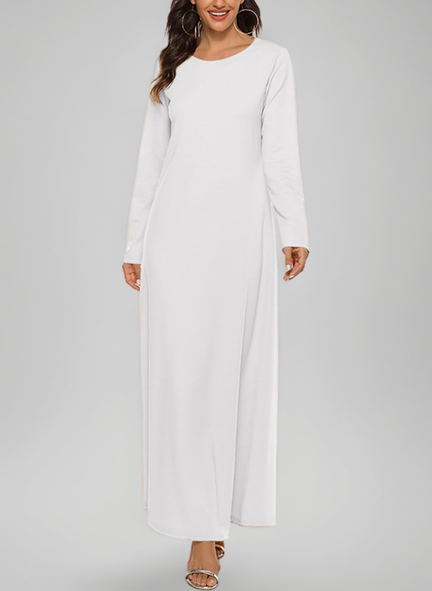 Womens Solid Muslim One-Piece Prayer Dress Arabian Round Neck Long Sleeve Islamic Abaya Robe