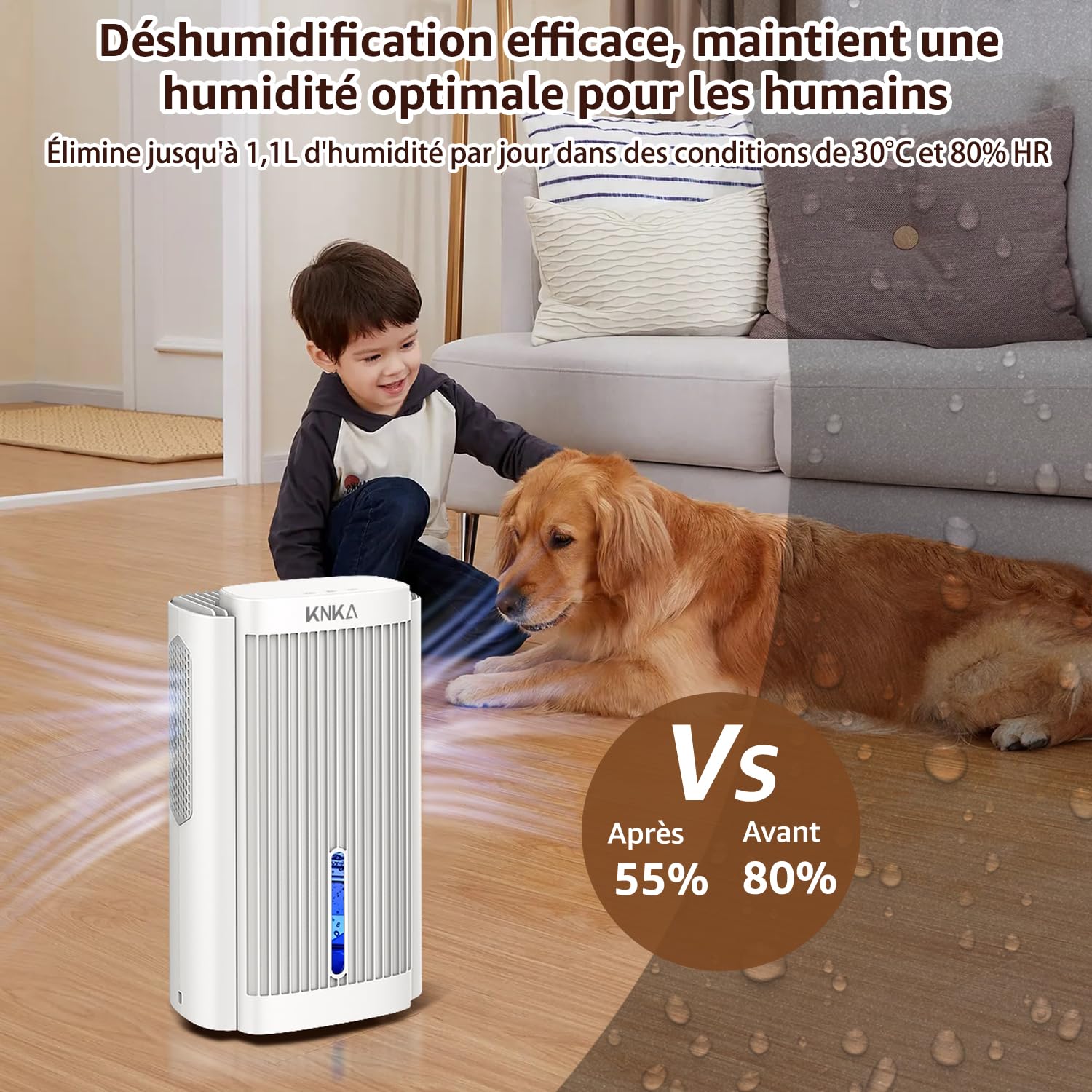 KNKA Deshumidificateur d Air, 1,1 L/Jour, Déshumidificateur Bruit Inférieur à 28dB, Pour Salles de Bain, Chambres et Placards de Moins de 17m², Avec Arrêt Automatique et Fonction de Dégivrage, Blanc
