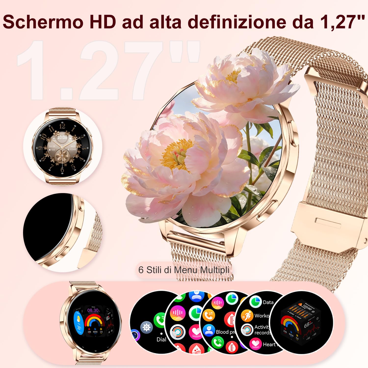 Smartwatch Donna Chiamate Bluetooth,3 Cinturini,1.27" 3D Curvo Schermo Orologio Donna Smartwatch,HR/Passi/Calorie/Pressione/Sonno Monitor,120 Sportiva IP68 per Android & iOS,Rosa oro