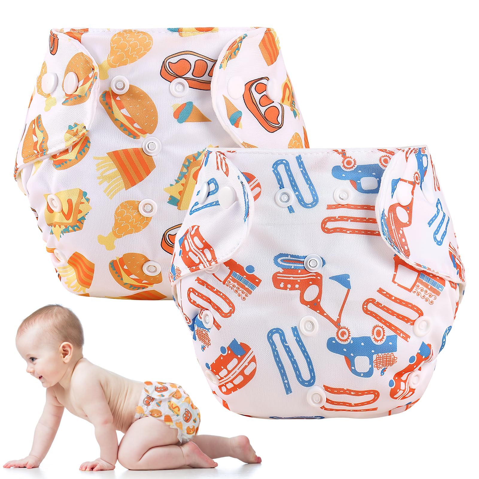 Swimming Nappy Reusable 2 Packs Baby Comfortable Swim Nappies, Adjustable Size Washable Eco-Friendly Nappy for Swimming Lessons Holiday Fit for 0-3 Years Baby Boys & Girls (Burgers and Boats)