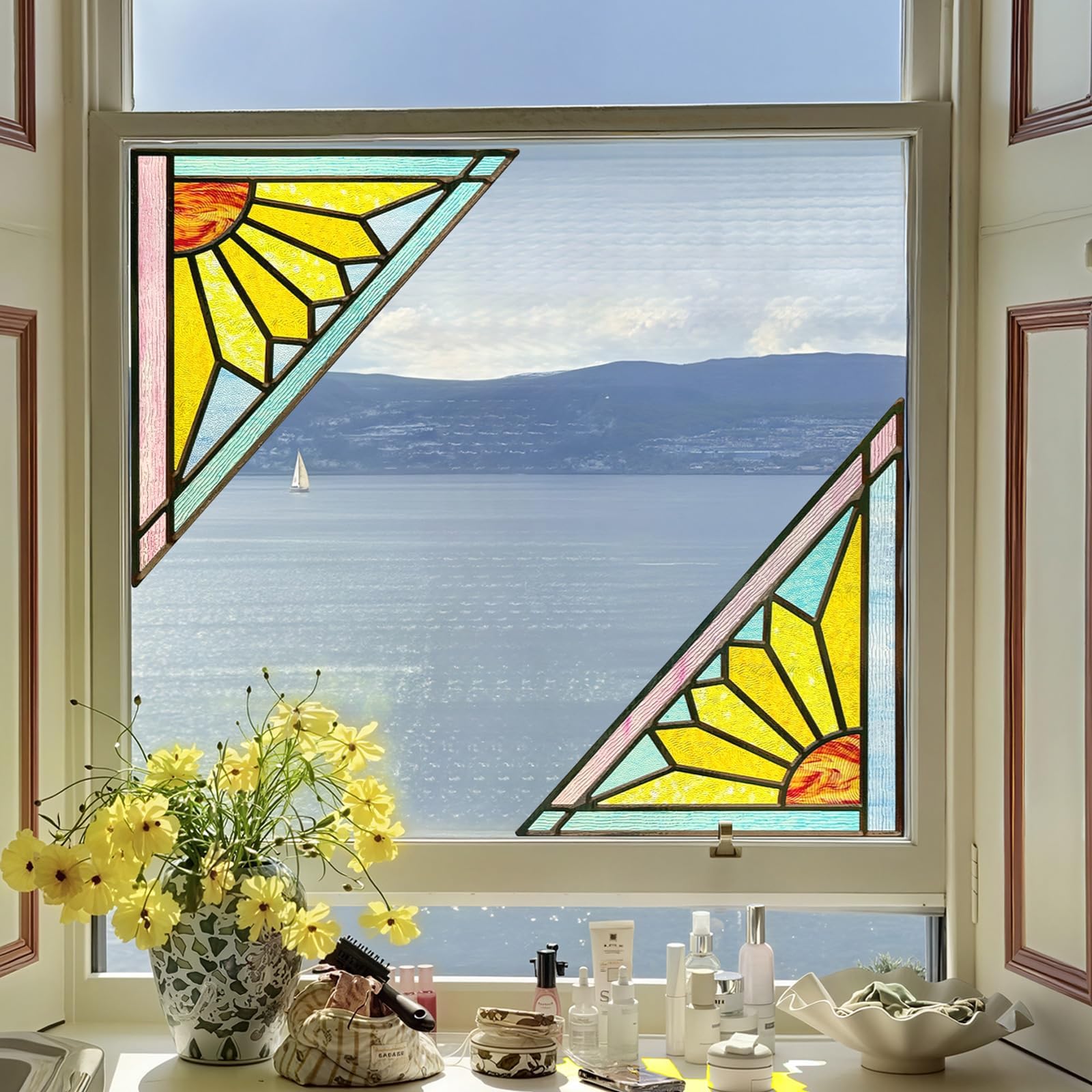 ADD.HERES Window Stickers, Stained Glass Window Privacy Film, UV Blocking Static Cling for Home Kitchen Office Bathroom, Geometric Sun, 16.9" X 16.9"