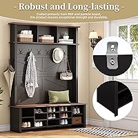 Vista 4 de Versátil árbol de pasillo 4 en 1 con 6 ganchos, práctico banco de entrada de nogal con estantes ajustables, zapatero de madera con 16 compartimentos