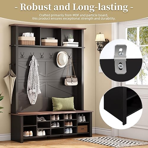 Miniatura 4 de Moderno árbol de pasillo con 4 ganchos, perchero de entrada de madera, banco de almacenamiento integrado con dos estantes superiores de