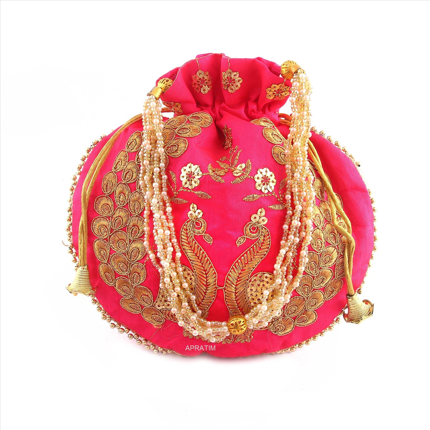 Silk Women's/Girl's Dual Peacock Work Potli Hand Bag-8-image-44