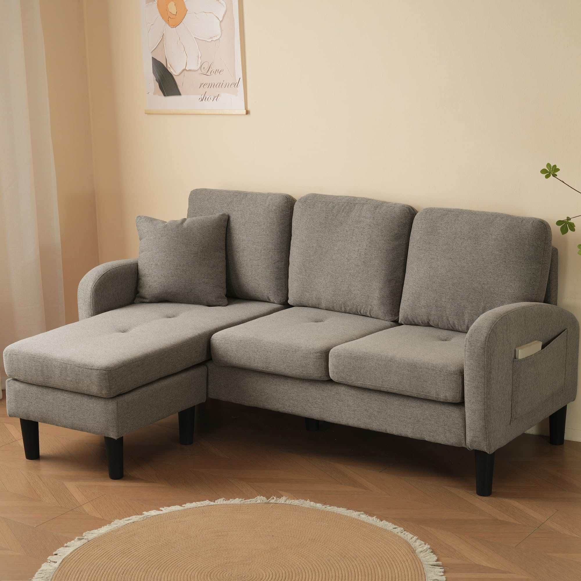 Divano angolare a forma di L con chaise longue - Divano a 3 posti, 166 x 118 x 77 cm, tessuto in lino di cotone traspirante, design modulare, ideale per soggiorno, appartamenti e uffici
