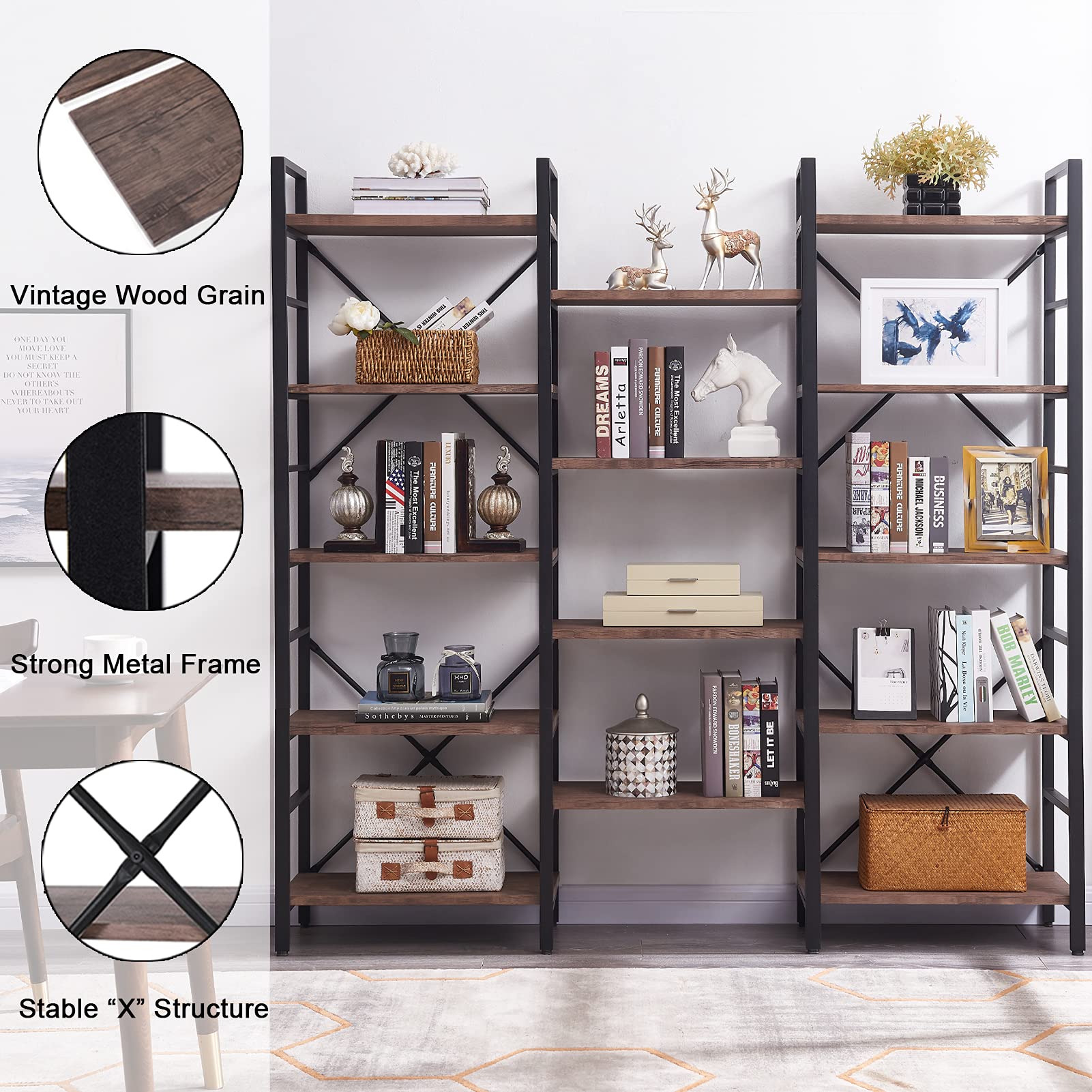 SUPERJARE 5 Tier Industrial Bookshelf Vintage Brown Open Shelf Heavy