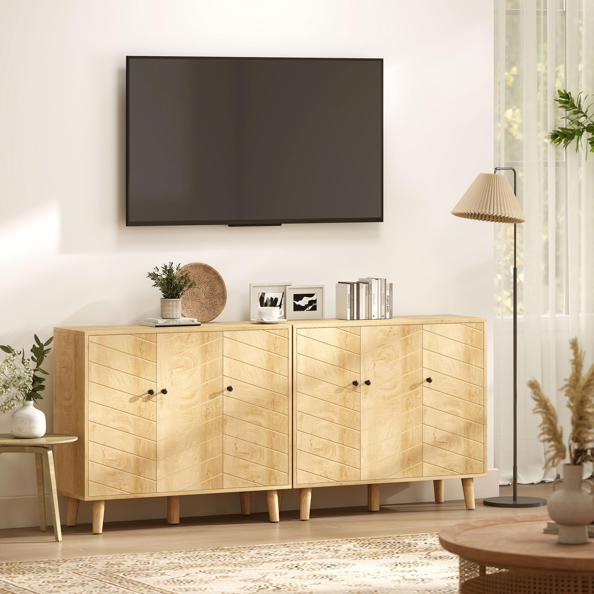 HOMCOM Buffet Cuisine Meuble de Rangement 88,3 x 30 x 76 cm Bois Naturel | 3 Portes à Motif Chevron, Pieds en Bois de Pin, Style Moderne, Buffet Salle à Manger, Salon, Meubles de Salle à Manger