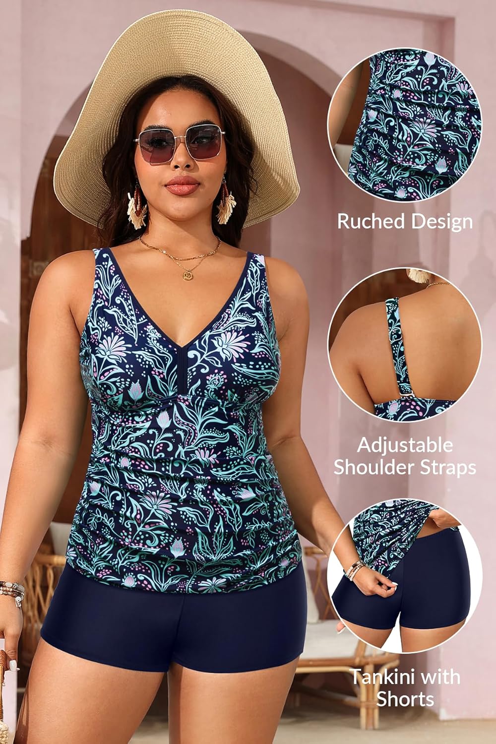 Yonique Womens Plus Size Swimsuits with Shorts Tummy Control Tankini Two Piece Bathing Suits Athletic Swimwear