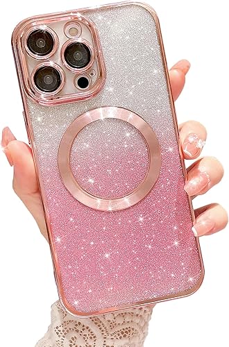 HYUEKOKO Funda magnética Gardient con purpurina para iPhone 15 Pro, bonita funda chapada compatible con MagSafe para mujeres y niñas, protector de