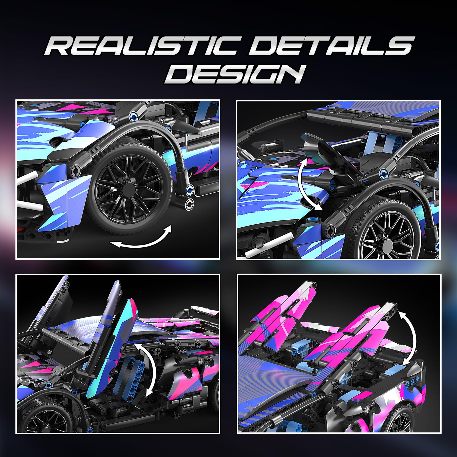 Technik Auto Klemmbausteine mit RC & LED 1:14 Sportwagen Modellbausatz | RC & App-Steuerung, detailreiches Modell, kompatible Bausteine Geschenk für Technik-Fans