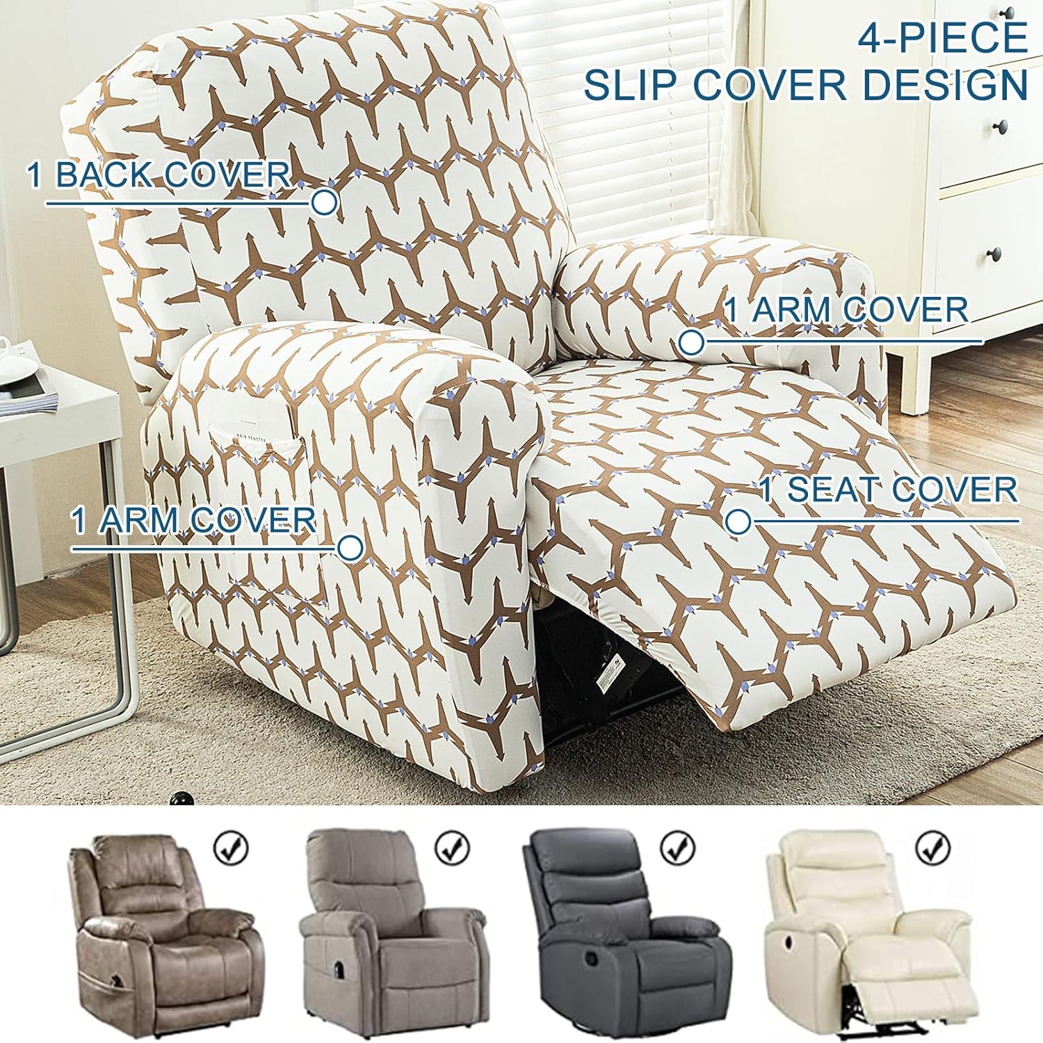 Eco-Ancheng Recliner Slipcovers 4-Pieces Recliner Chair Covers Lazy Boy Chair Covers Stretch Recliner Couch Covers Fitted Non Slip Reclining Slipcovers Furniture Protector for Recliner with Pocket,t19