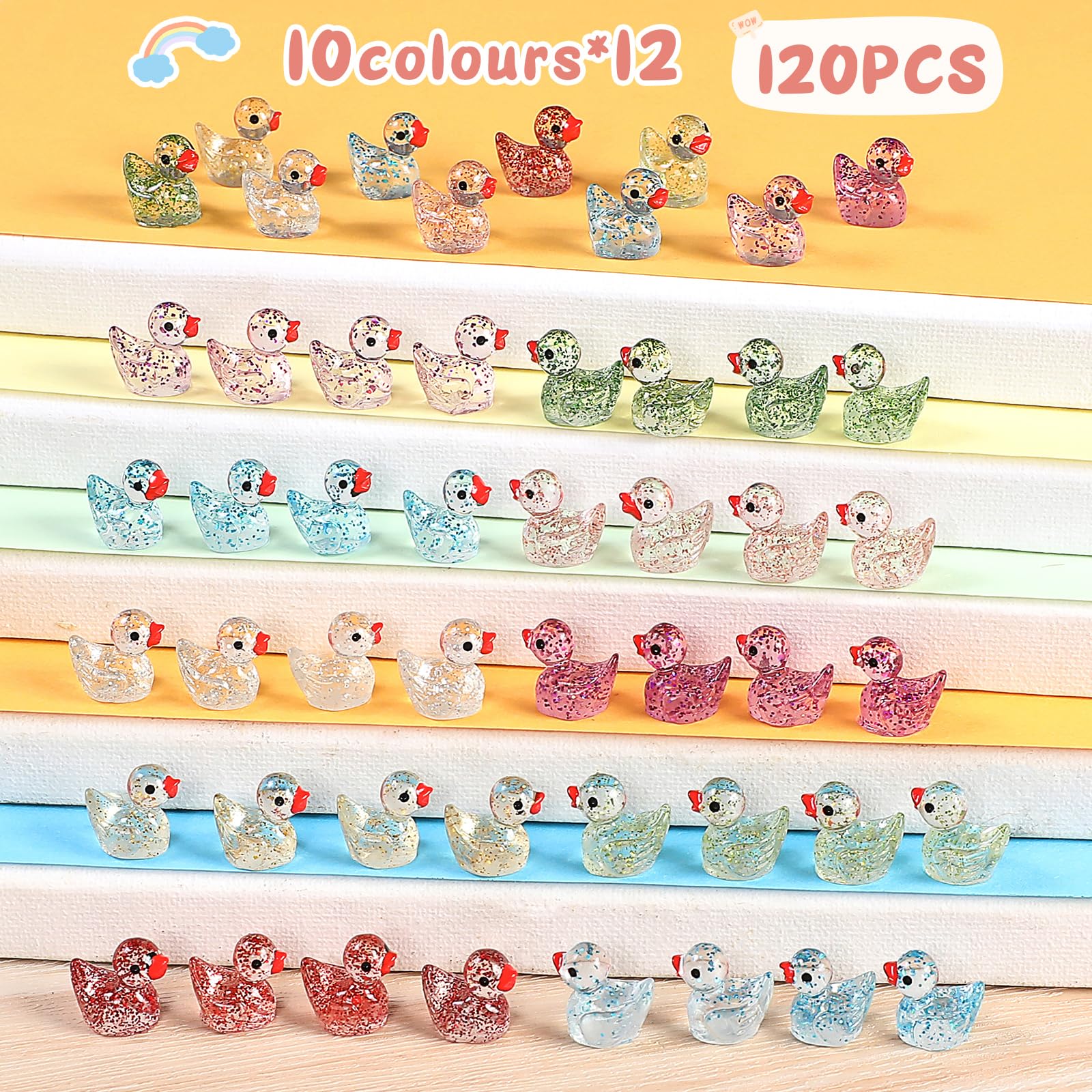 EKisemio 120 Pcs Mini Ducks Glitter Resin Ducks Tiny Ducks Mini Resin Animals Figures to Hide for Fairy Garden Accessories Micro Landscape Aquarium Ornaments Kit Dollhouse Decor Crafts