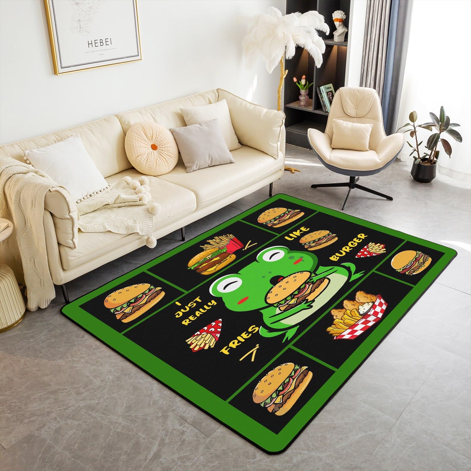 Alfombra de rana de 150 x 200 cm para niños, diseño de rana kawaii, para sala de estar, para niños, niñas, papas fritas, hamburguesas, alimentos, alfombra decorativa de dibujos animados, alfombra