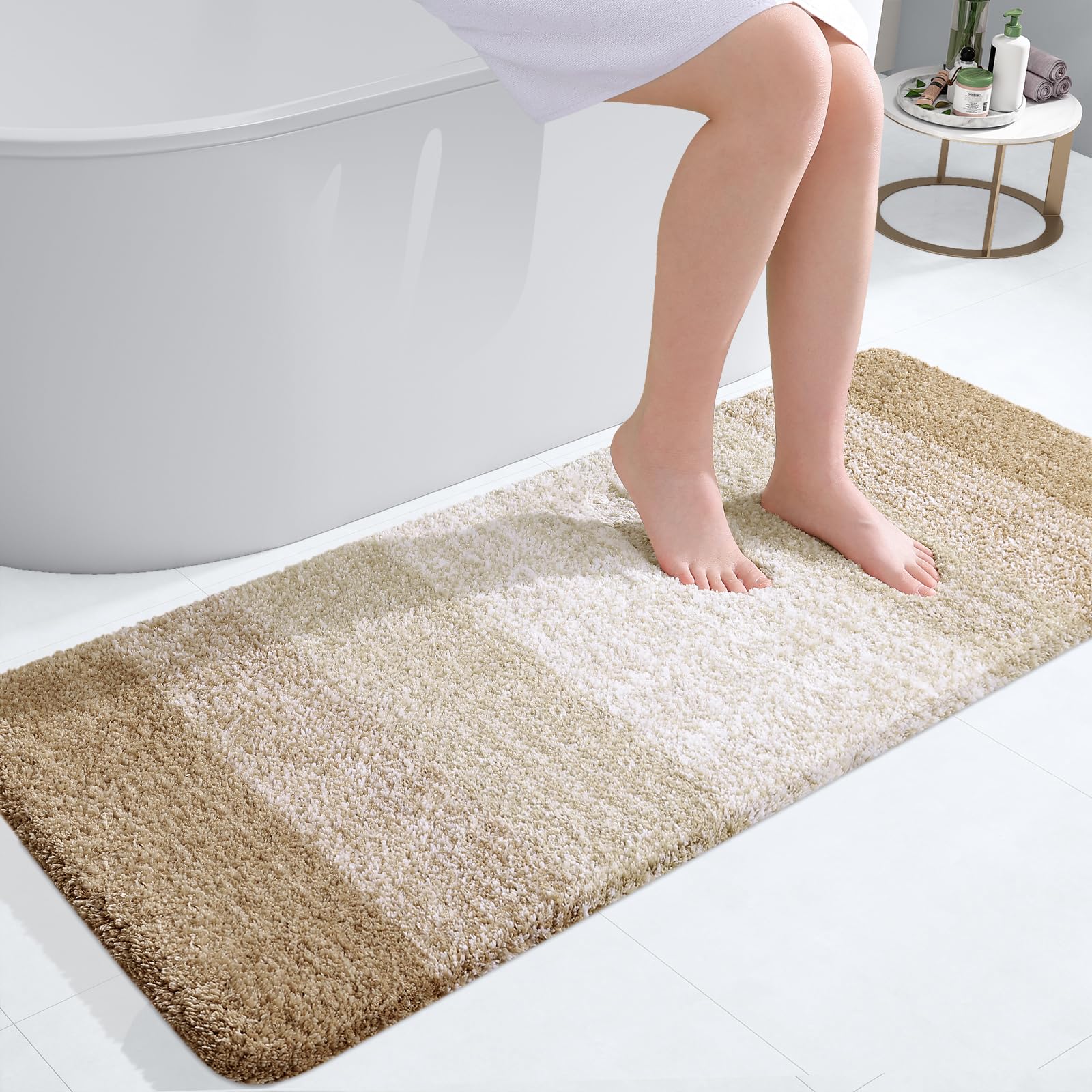 OLANLY Bathroom Runner Rug 47x20, Extra Soft Absorbent Microfiber Bath Rugs | Tan, Non-Slip Quick-Drying Rubber Backing, Machine Washable Long Bath Mat for Floor, Tub and Shower, Home Decor Accessories