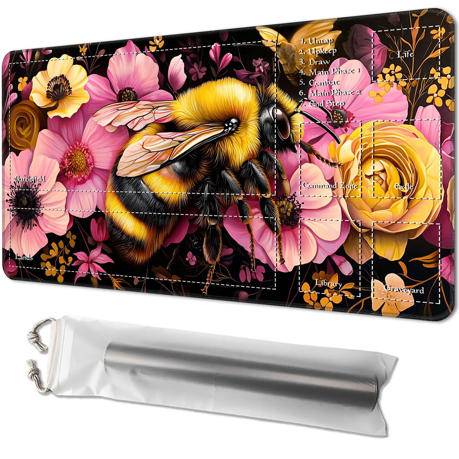 Playmat for MTG, Game Mat 24 x 14 inches, with Free Storage Bags, TCG and Board Game Mat for Cards, Ideal for Card Game Enthusiasts, Bee Flowers