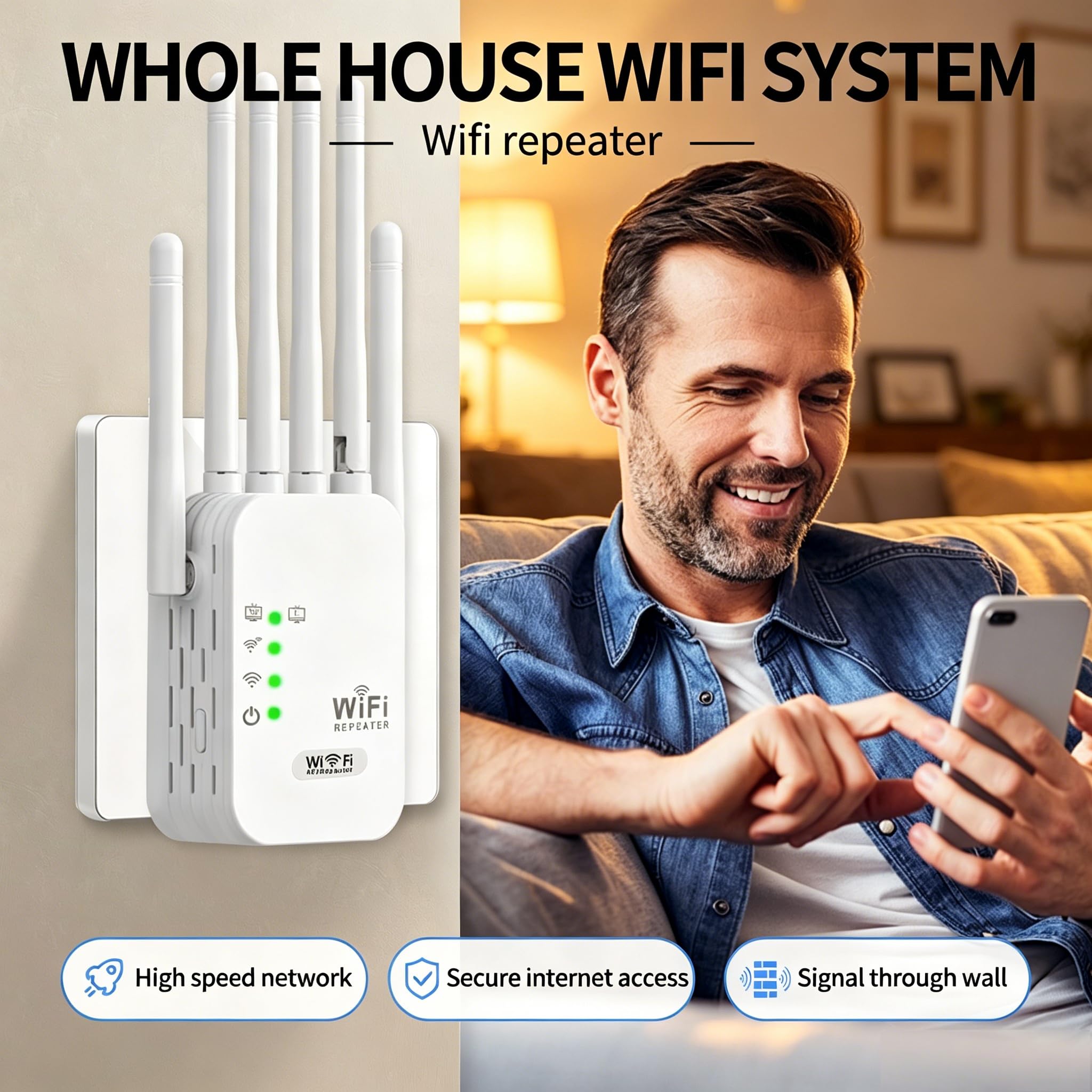 Répéteur WiFi Puissant, 1200 Mbps amplificateur WiFi de dernière Technologie avec6 antennes Couvrant Une superficie de10 000 m²,2 Ports LAN,répéteur WiFi pour la Maison et Le Bureau（Blanc）