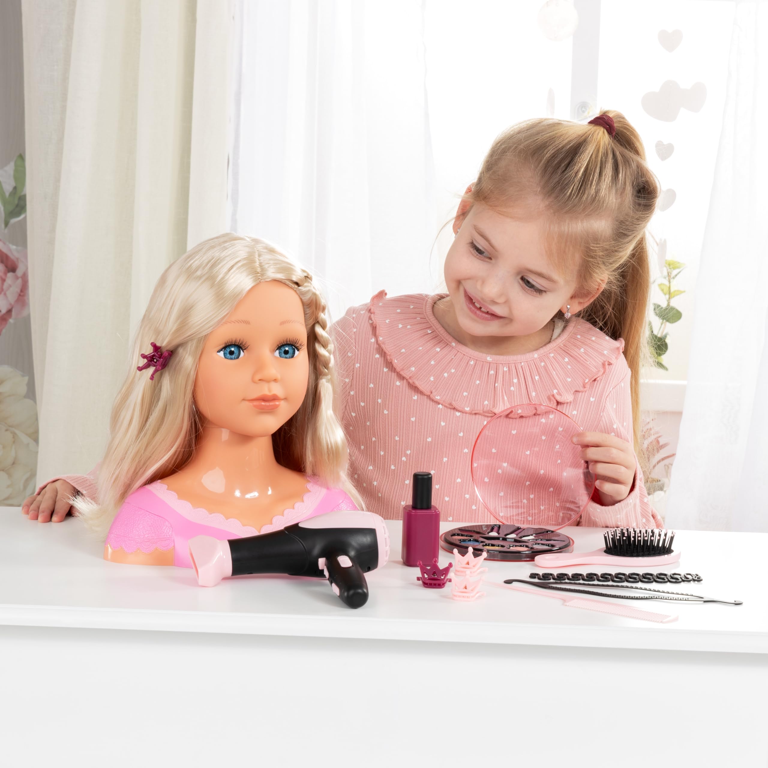 Bayer Design Charlene Super Model Testa da truccare e acconciare | Testa di bambola con accessori per capelli, strumenti per il trucco e un asciugacapelli con suoni e vento