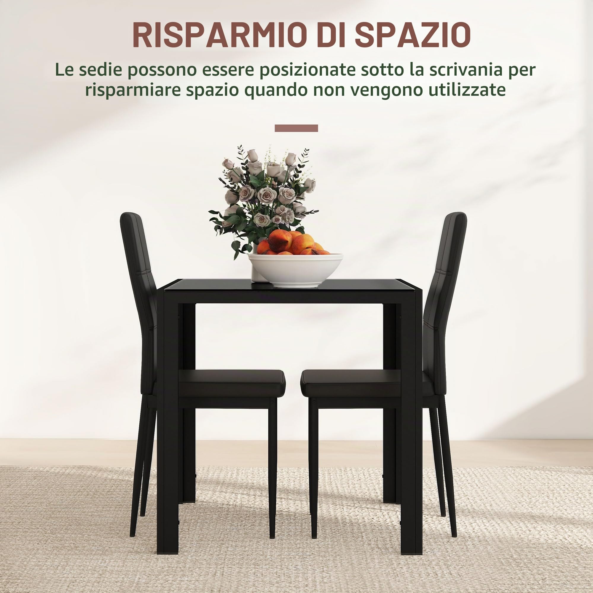 HOMCOM Set tavolo pranzo 2 posti piccolo cucina 3 pezzi rettangolare nero