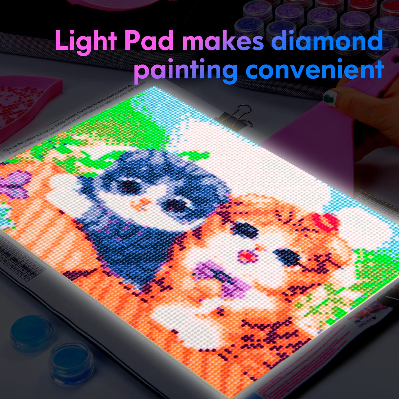 LitEnergy 22,9 x 30,5 cm LED-Licht-Pad-Kits, USB-betriebene Lichtplatte, verstellbare Helligkeit, Lichtbox mit 108 Schlitzen und Zubehör für Diamant-Kunstmalerei (schwarz)