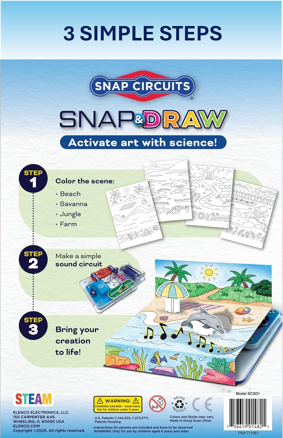 Back of the Snap Circuits Snap & Draw box showing 3 simple steps and safety warnings.