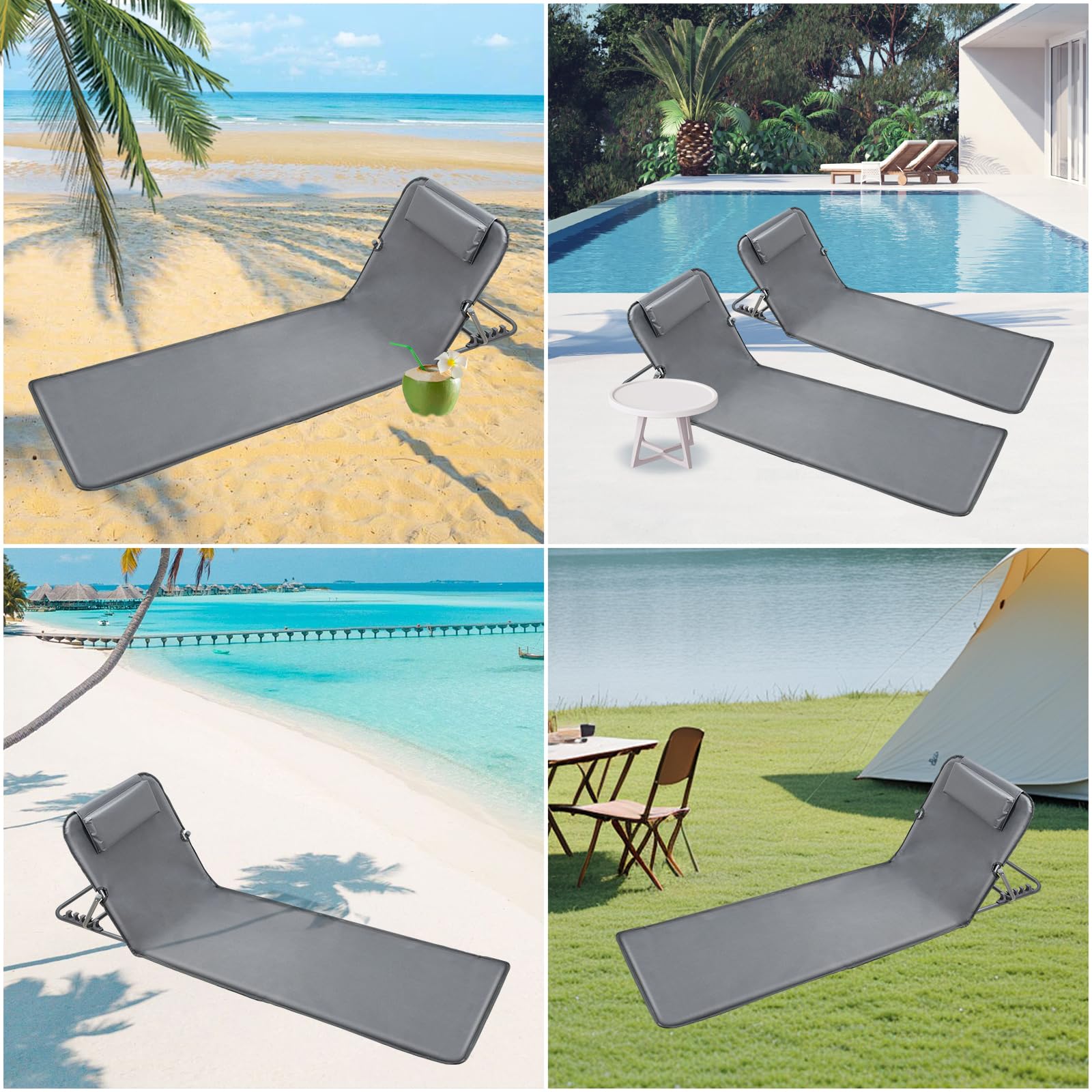 Lot de 2 Bain de Soleil, Chaise Longue, Tapis de Plage, Transat de Plage, avec Appui-tête - Bandoulières - Dossier Réglable 5 Positions, pour Camping, Jardin, Piscine, 160 x 52 cm, Gris