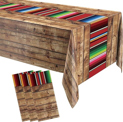 Hosuly Mantel de fiesta mexicana de 54 x 108 pulgadas, mantel de plástico a rayas para decoración de fiesta mexicana (3 piezas, fondo de grano de