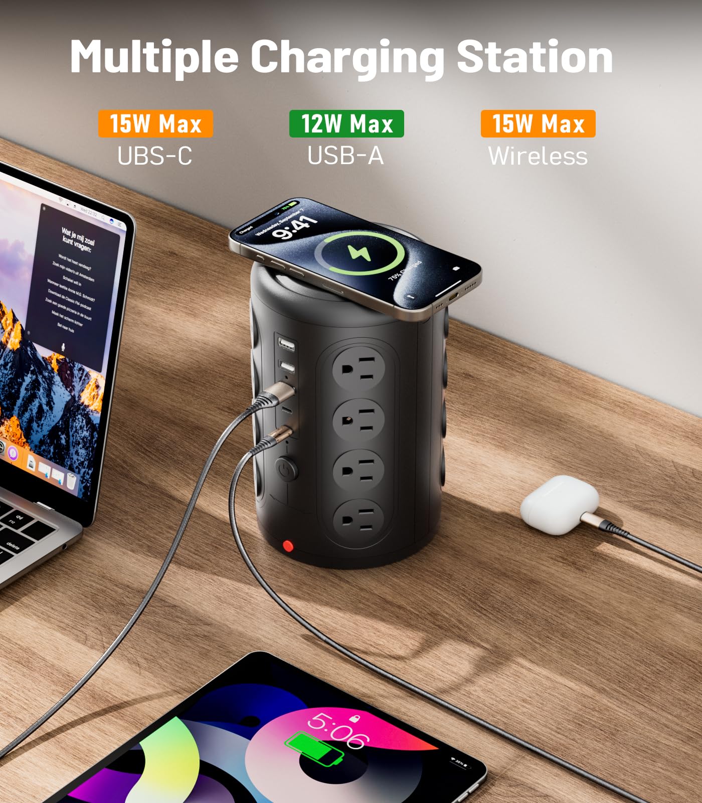 TenTrend Protezione da sovratensione a torre, 16 prese e 5 porte USB (2 USB-C), stazione di ricarica da 2000 joule, cavo di prolunga piatto da 3 m, per casa, ufficio
