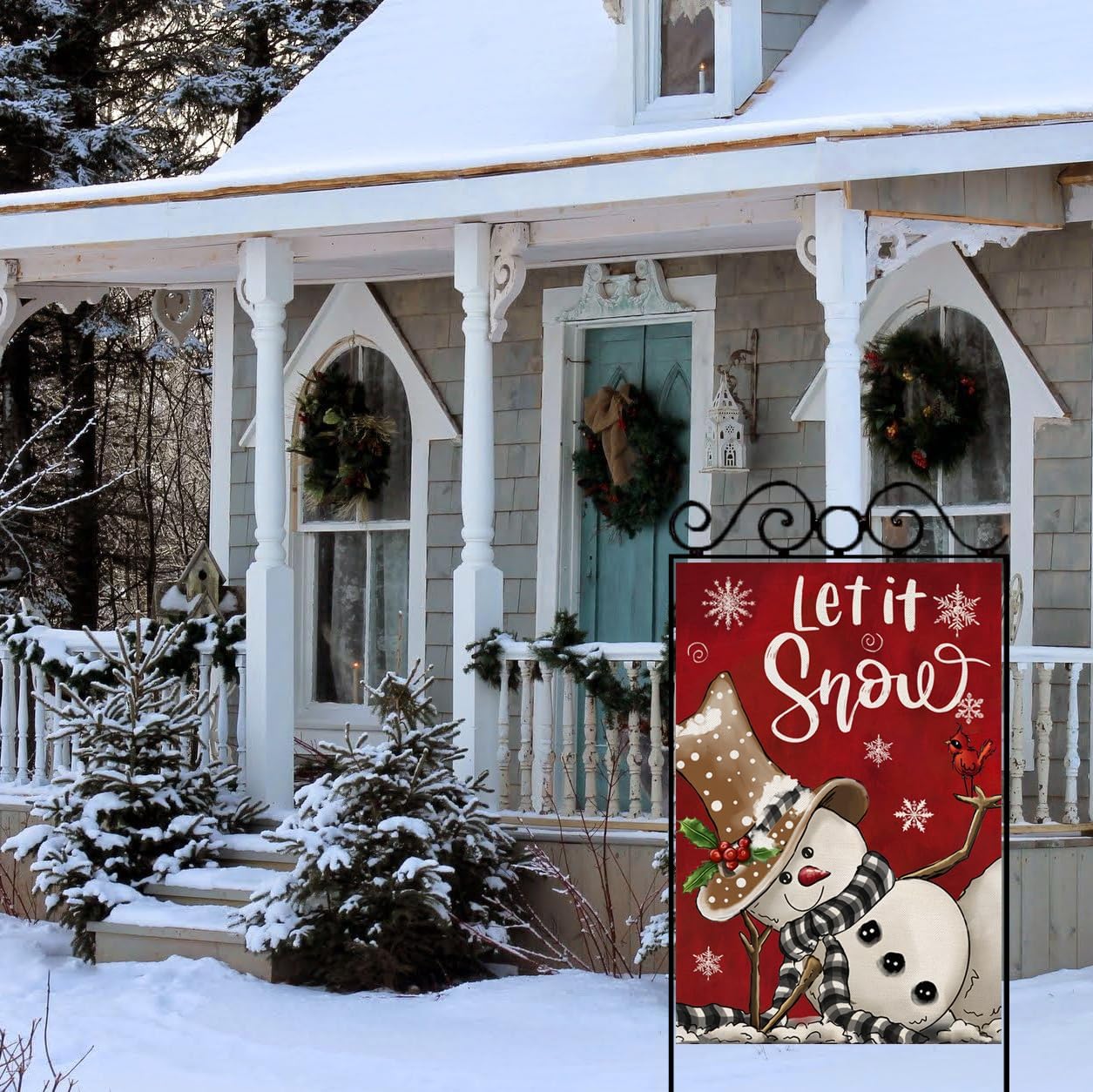 Winter House Flags for Outdoor Decoration, Red Let it Snow Snowman Large Yard Flag, Decorative Christmas Xmas Seasonal Farmhouse Holiday Outside Decor 28x40 Inch Vertical Double Sided - Image 4