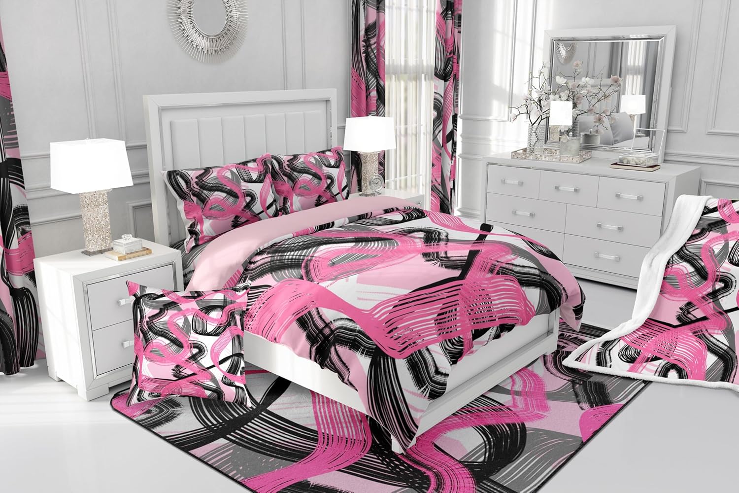 Feelyou Hot Pink Grey Black Sherpa Blanket Twin 60"x80" Abstract Fleece Throw Blanket for Bed Sofa Couch Kids Boys Girls Decor Geometric Plush Blanket Stripe Modern Art Fuzzy Blanket Bedroom