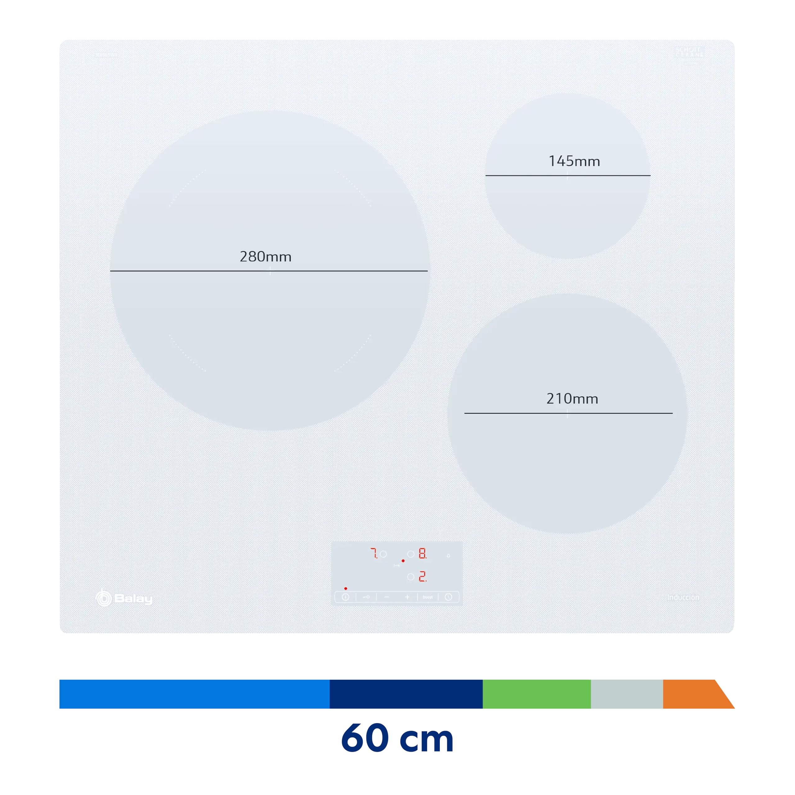 Balay, Placa de Inducción, 60 cm, 3 fuegos, Zona 28 cm, Blanco, 3EB965WR | Despreocúpate del tiempo con la función Programación y maneja todo de forma intuitiva con el Control Táctil.