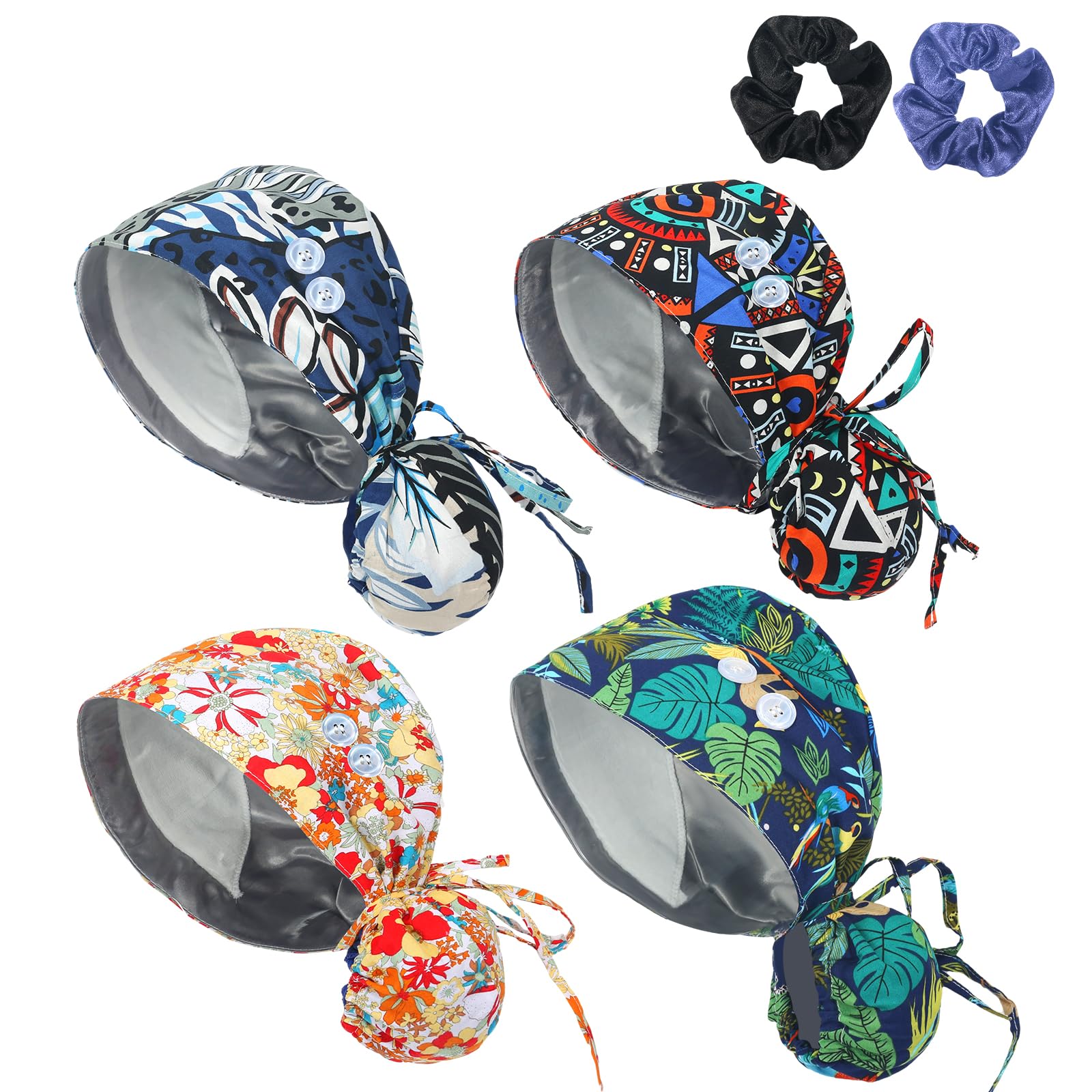 JoyRing4 Pcs Scrub Caps for Women,Nurse Satin Surgical Hat Adjustable Working Cap Ponytail Holder with Buttons and Sweatband