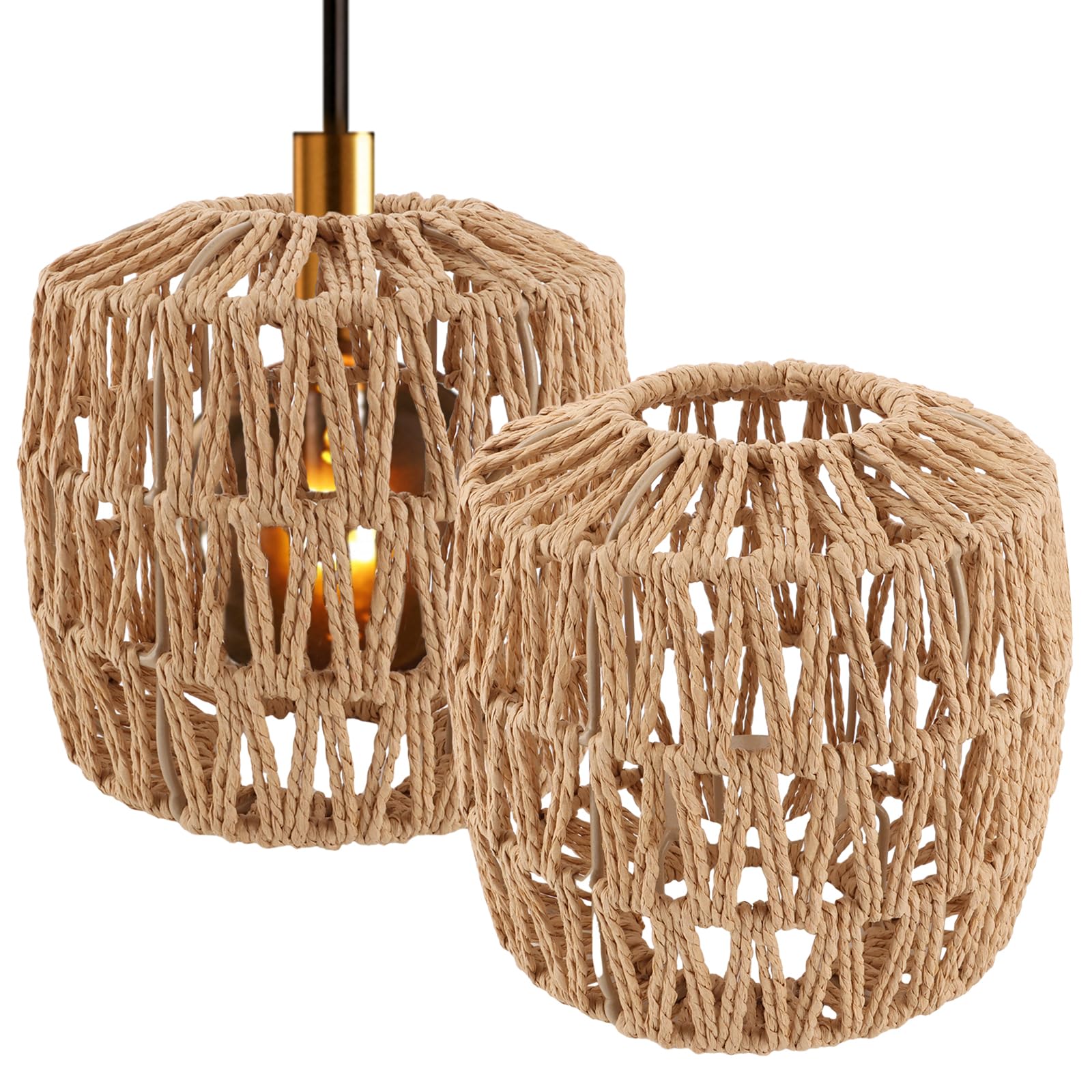 AKOLAFE 2 Stück Lampenschirm Hängelampe 16x16x6.5cm Lampenschirm Boho Rattan Papierlampenschirm Ersatzschirm Zubehör für Stehlampe, Tischlampe, Pendelleuchten, Hängelampenschirme