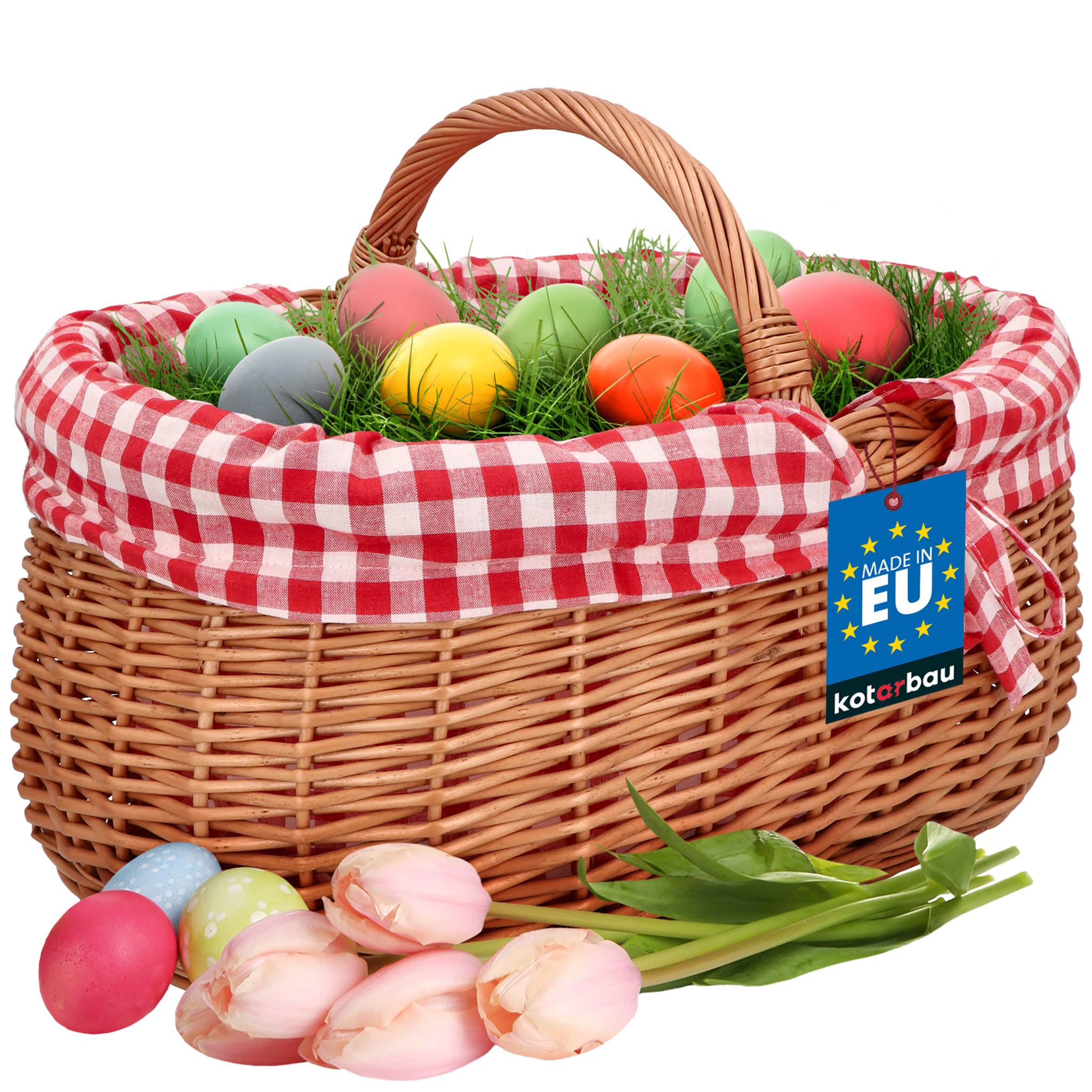 KOTARBAU® Cesta de Mimbre - con Asa - 46 x 32 x 43 cm - Marrón - Cesta Setas - Compra Picnic - con Forro de Tela a Cuadros Rojos - Decorativa - Ligera