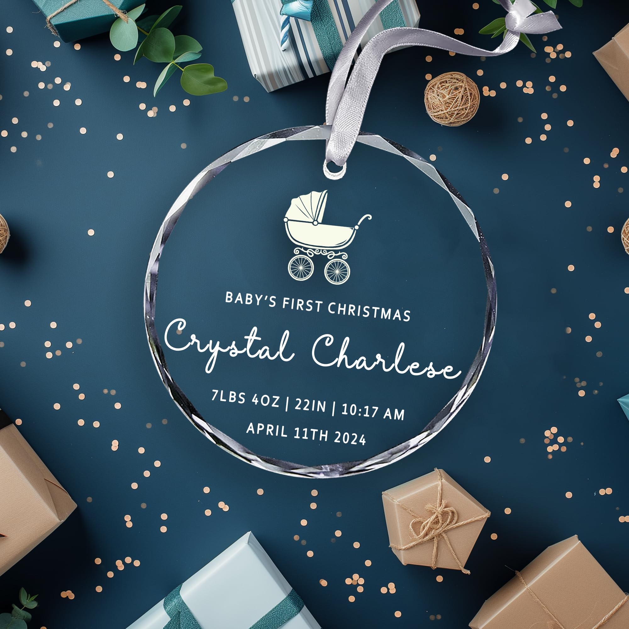Personalized Baby's First Christmas Crystal Ornament 2024 - Custom Custom Baby Weight Inches Time Date Glass Ornaments Xmas Tree Keepsake, New Babies Shower Newborn 1st Ornaments Hanging Décor