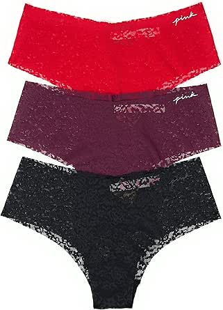 Victoria's Secret Pink Cheekster Panty Set of 3 - Large No Show Lace Red / Maroon / Black
