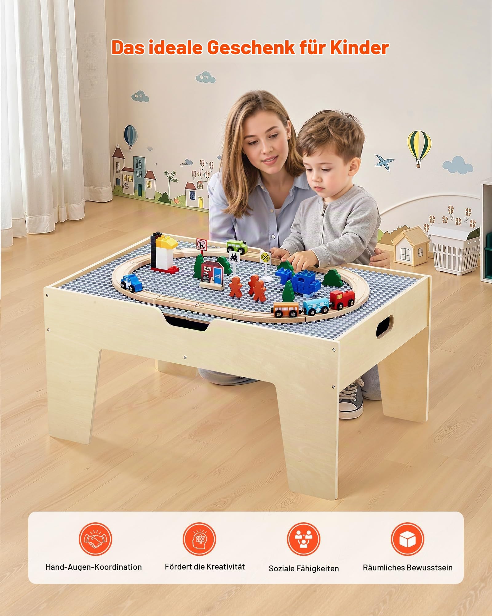 VEVOR Aktivitätstisch, 290 Bausteine und 30-teiliges Holzeisenbahn-Set, Eisenbahn, Fahrzeuge, Gleise und Zubehör, Holz-Spieltisch für Kinder mit Ablagefläche für Kinder ab 3 Jahren