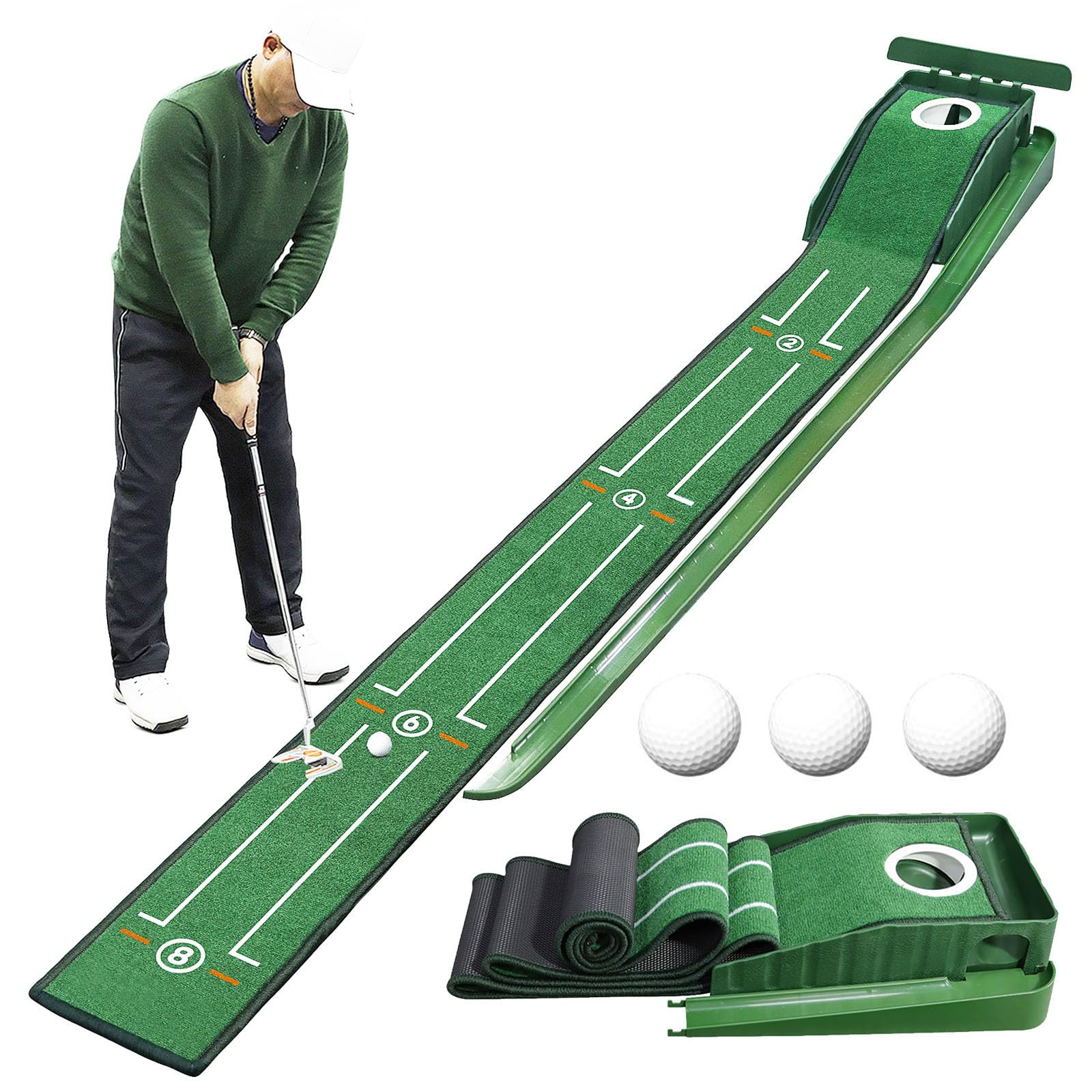 Golf Putting Matte - Indoor Grün Mit Auto Return Und 3 Golfbällen, Kunstrasen Übungsmatte Für Zuhause, Büro Und Gym